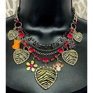 Betsey Johnson Safari Animal Charm Statement Necklace Zebra Heart